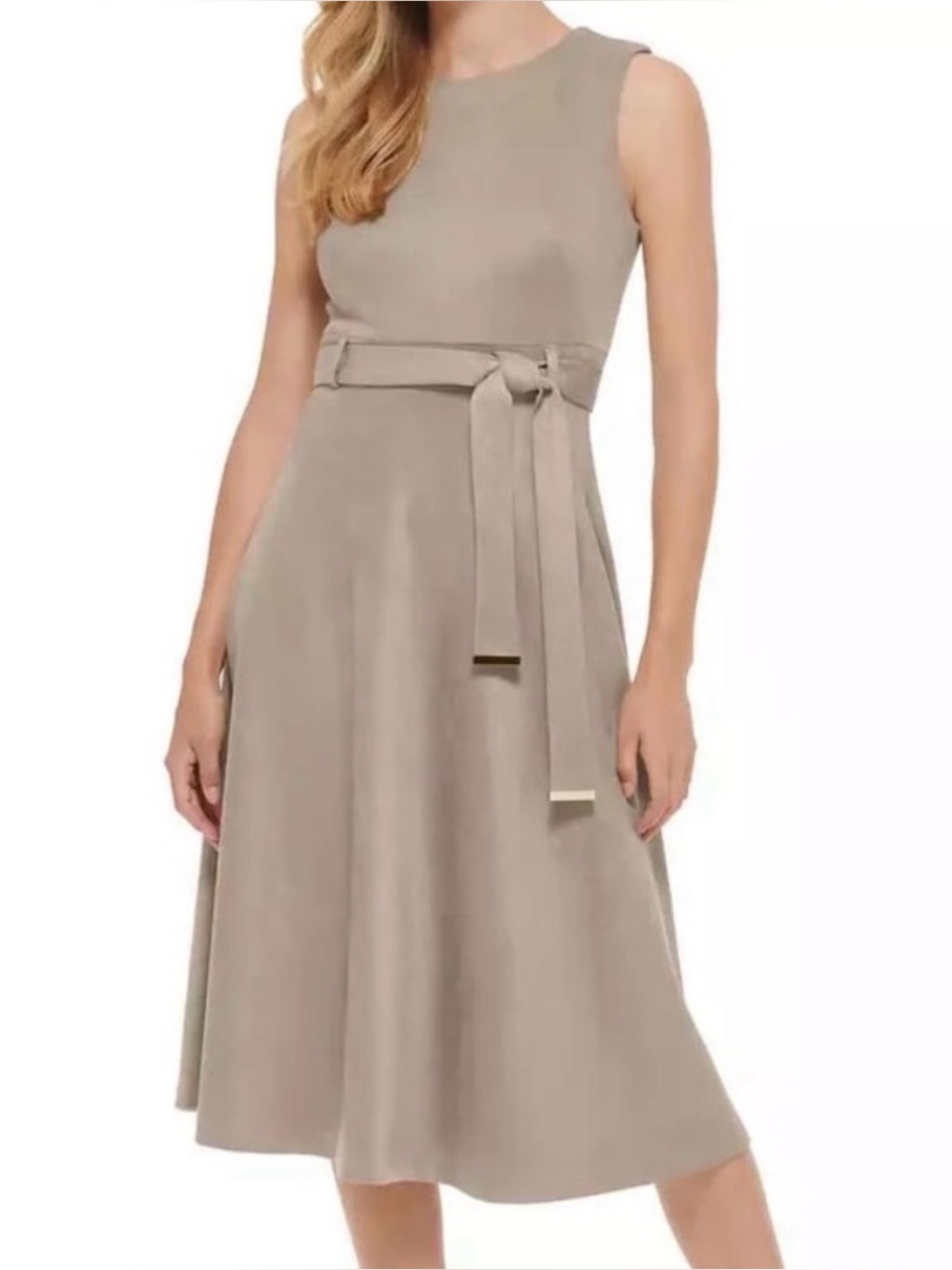 Calvin Klein Cream Sleeveless Belted A-Line Dress